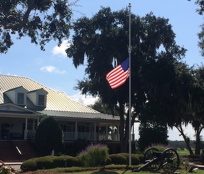 The U.S. flag flown at half mast on 9/11 at Secession Golf Club<br>which lost two of its members 15 years ago