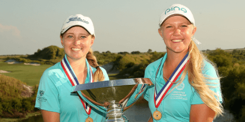 2016 winners Kaitlyn Papp and Hailee Cooper hold <br>U.S. Women's Amateur Four-Ball trophy </br>(USGA Photo)