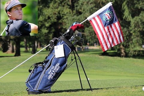 Cameron Champ, with his bag from the Patriot All America<br>and the USA flags used at the Memorial Amateur