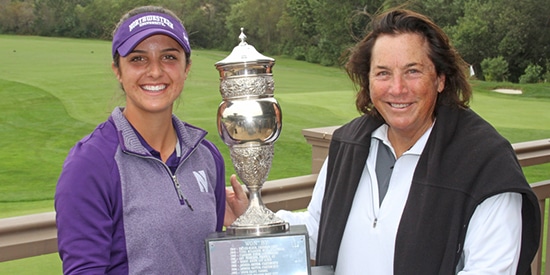 Brooke Riley (L) has a long way to go to catch Hall-of-Famer and five-time major<br>winner Amy Alcott (R), but putting her name on the California Women's Amateur<br>trophy is a good start (CWAC photo)