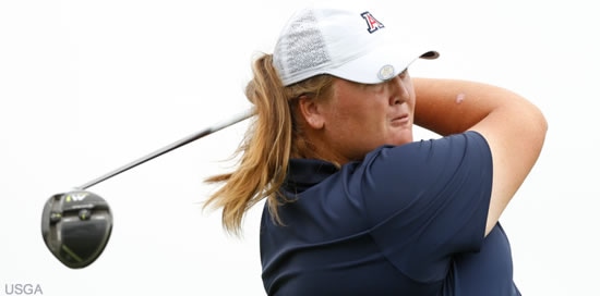 A determined Haley Moore tees off on No. 16 on Monday