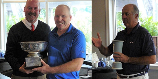 LIGA Tournament Director John McGrath and winner Gerard Connolly; Senior champ Jay Sessa<br>(LIGA Photo)