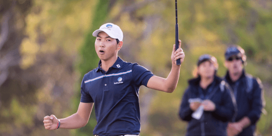 Min Woo Lee celebrates a closing eagle that gave him the second round lead <br>(AAC Golf Photo)