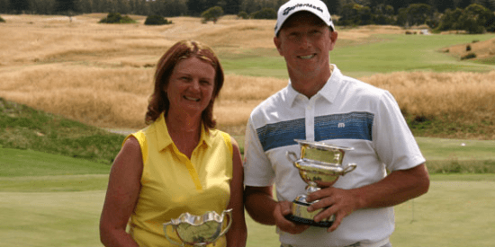 Women's Mid-Amateur winner Louise Mullard (L) and <br> Men's Mid-Amateur winner Mark Boulton (R) <br>(Golf Australia Photo)