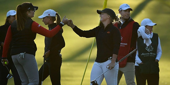 Maja Stark celebrating the putt that got her through the playoff<br> (Jennifer Stewart / Augusta National photo)
