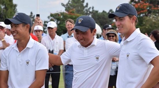 Collin Morikawa, Doug Ghim, and Maverick McNealy <br>after winning the 2017 Walker Cup at Los Angeles CC
