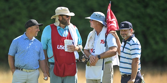 Domingo Jojola (left), his caddie Keelan Cole, Haymes<br>Snedeker (right), his caddie John Wright (credit: USGA)