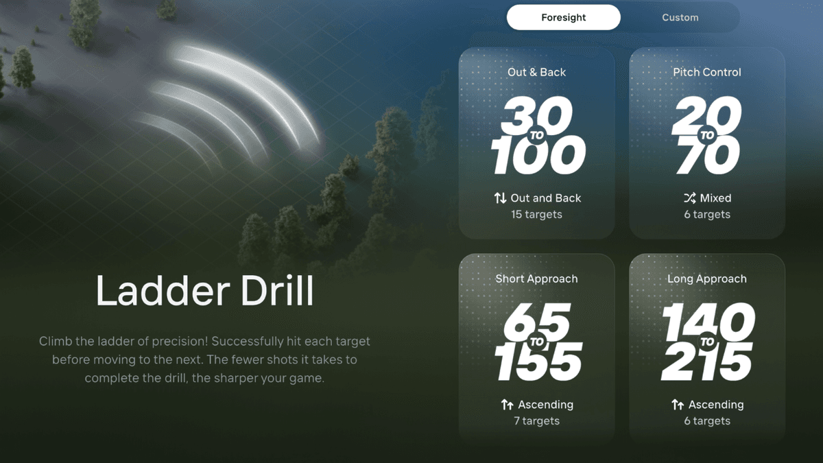 Foresight app Ladder Drill menu with Out and Back, Pitch Control, Short Approach and Long Approach modes
