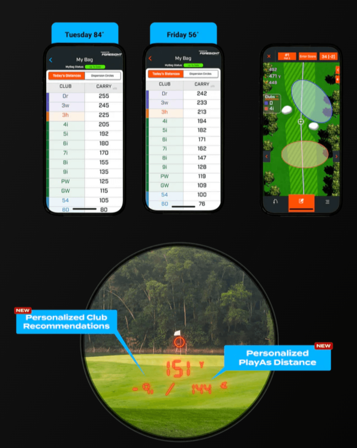 Bushnell rangefinder showing a club recommendation synced from Foresight MyBag yardages