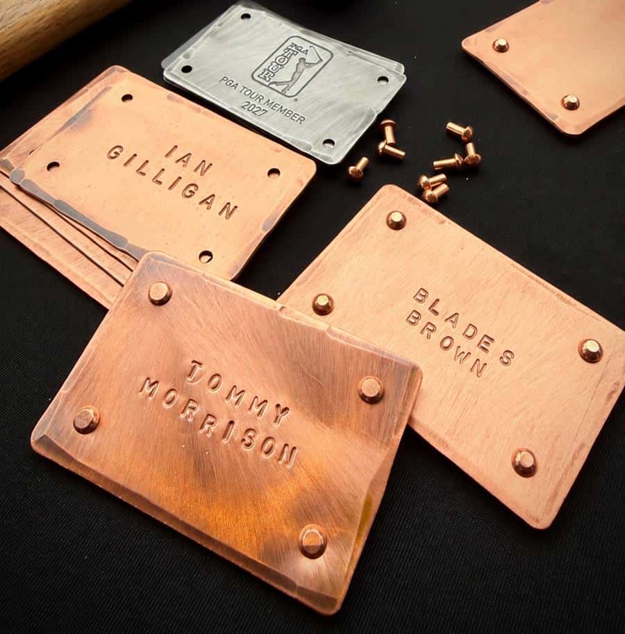 PGA Tour locker nameplates for 2027 members Ian Gilligan, Tommy Morrison and Blades Brown