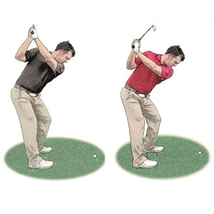 A side-by-side comparison of a 
traditional swing (left) and the A Swing (right)