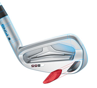 A tungsten toe weight stabilizes the head 
at impact on the Ping S55 irons.