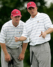 during their Sunday foursomes match at the Walker Cup