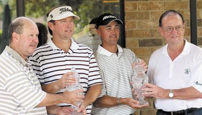 Johnathan Shipley, middle left, of Katy, and Randy Lance, middle right, of<br>The Woodlands. Presenting the trophies are tournnament organizers<br>Jim Todd, left, and Terry Morrow.