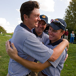 Pennsylvania players Nathan Smith (left), Sean Knapp (center)<br>and Mike Van Sickle celebrate their three-stroke victory at the<br>2009 USGA Men's State Team Championship