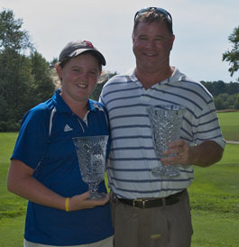 Mary and John Mulcahy celebrate after winning their first Massachusetts Father & Daughter Championship at Wentworth Hills Golf & Country Club.