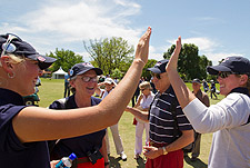 The USA celebrates. Jessica Korda (l) high fives <br> Cydney Clanton after each posted a 68 in the first round 