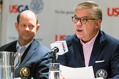 USGA President Tom O'Toole, Jr. (right) announces the<br>U.S. Senior Women's Open with <br>USGA Executive Director Mike Davis