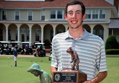 Tim Conover with the Putter Boy trophy after winning the North & South Amateur <br>(Photo by Thomas Toohey Brown)</br>