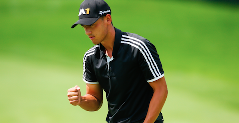 Jonah Texeira pumps first after fourth hole birdie <br>(USGA)