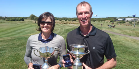 Women's Mid-Amateur winner Sue Wooster (L) <br>and Men's Mid-Amateur winner Andrew Tharle (R) <br>(Golf Australia Photo)