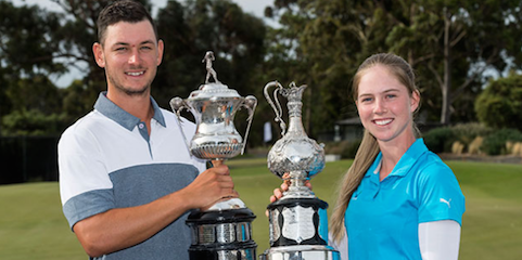 Dylan Perry (L) and Alizza Hetherington (R) after their <br>Victorian Amateur triumphs <br>(Golf Victoria Photo)