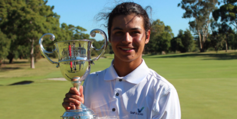 Matias Sanchez holds the Australian Amateur Championship trophy <br>(Golf Australia Photo)