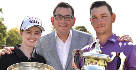 Karis Davidson, Victorian Premier Daniel Andrews and Dylan Perry <br>(Golf Australia Photo)