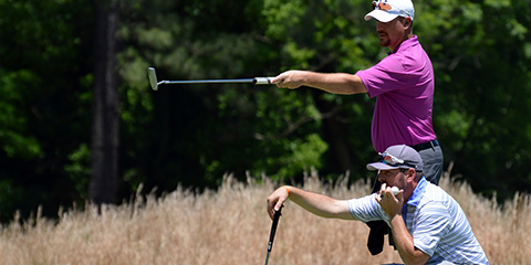 B.J. Maben (in purple) and Kyle Mutter won the 52nd Virginia Four-Ball in a playoff<br>(VSGA photo)