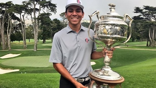 Now that's proper: P.J. Samiere holds the Edward B. Tufts trophy<br>at the 2017 California Amateur, a tournament founded in 1912
