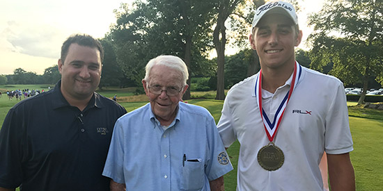 Medalist Steven DiLisio (right) with Harry McCracken, Jr. (center)<br>and MGA Executive Director Jesse Menachem (MGA photo)