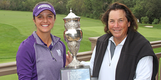 Brooke Riley (L) has a long way to go to catch Hall-of-Famer and five-time major<br>winner Amy Alcott (R), but putting her name on the California Women's Amateur<br>trophy is a good start (CWAC photo)