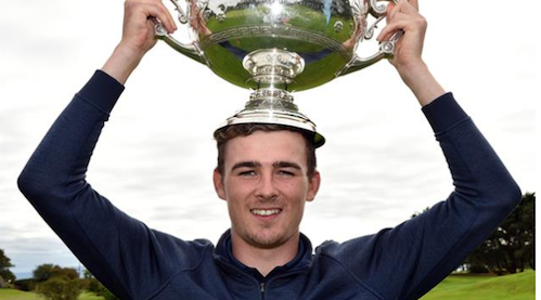 Jamie Fletcher uses the <br>Irish Amateur Close Championship trophy as a new hat <br>(Cashman Photography)
