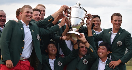 Spider Miller (far left) and the USA Team celebrate <br>2018 Walker Cup victory (Wlodkowski, AGC)