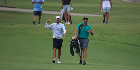 Nathan Barbieri (left) and caddie Braith Anasta (Golf NSW photo)