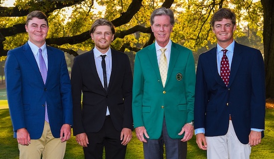 When they lined up on Weds. with Augusta National<br> Chairman Fred Ridley, the three ams were in<br> their order of finish: Osborne - Long - Strafaci<br><i>Augusta National photo by Barry Koenig</i>