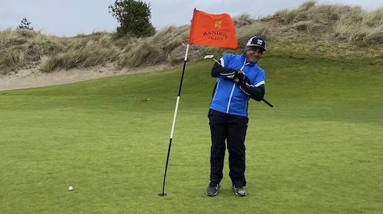 Conrad Figueroa tries to stand up straight at Bandon Trails