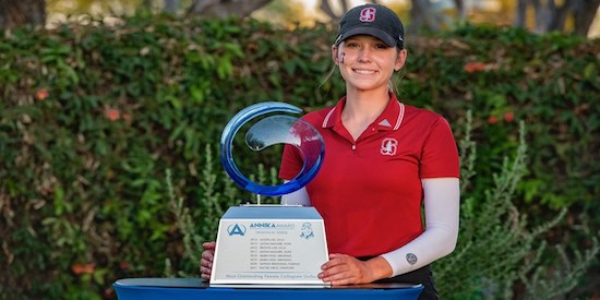 Rachel Heck proudly hoists the ANNIKA Award trophy (Image Credit: Stanford Athletics)