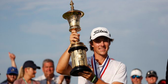 Michigan State fifth-year senior James Piot is the first <br>Michigan native to hoist the Havemeyer Trophy. (Chris Keane/USGA)