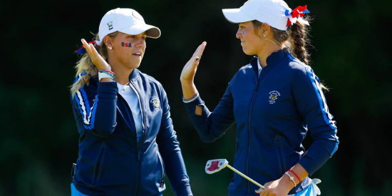 Jensen Castle (left) and Rachel Kuehn helped lead a USA surge on Day of the Curtis Cup at Conwy Golf Club. (Oisin Keniry/USGA)