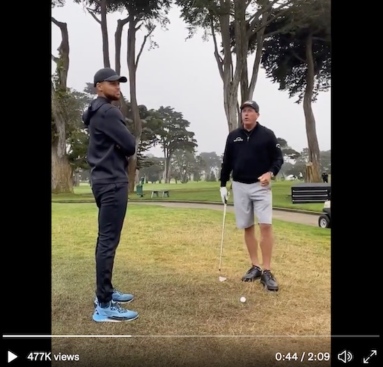 VIDEO: Phil Mickelson flops it over Steph Curry's head