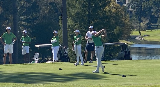 The Team from South Africa tees of the gorgeous 10th hole<br>at Whispering Pines in the 2021 Spirit Country Sponsor event