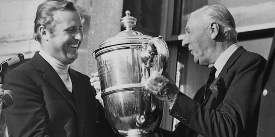 Sir Michael Bonallack, then playing captain, is presented with the Walker Cup in 1971
