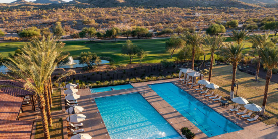 Casita exterior at sunrise with desert views
