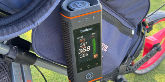 Bushnell Wingman HD on cart rail